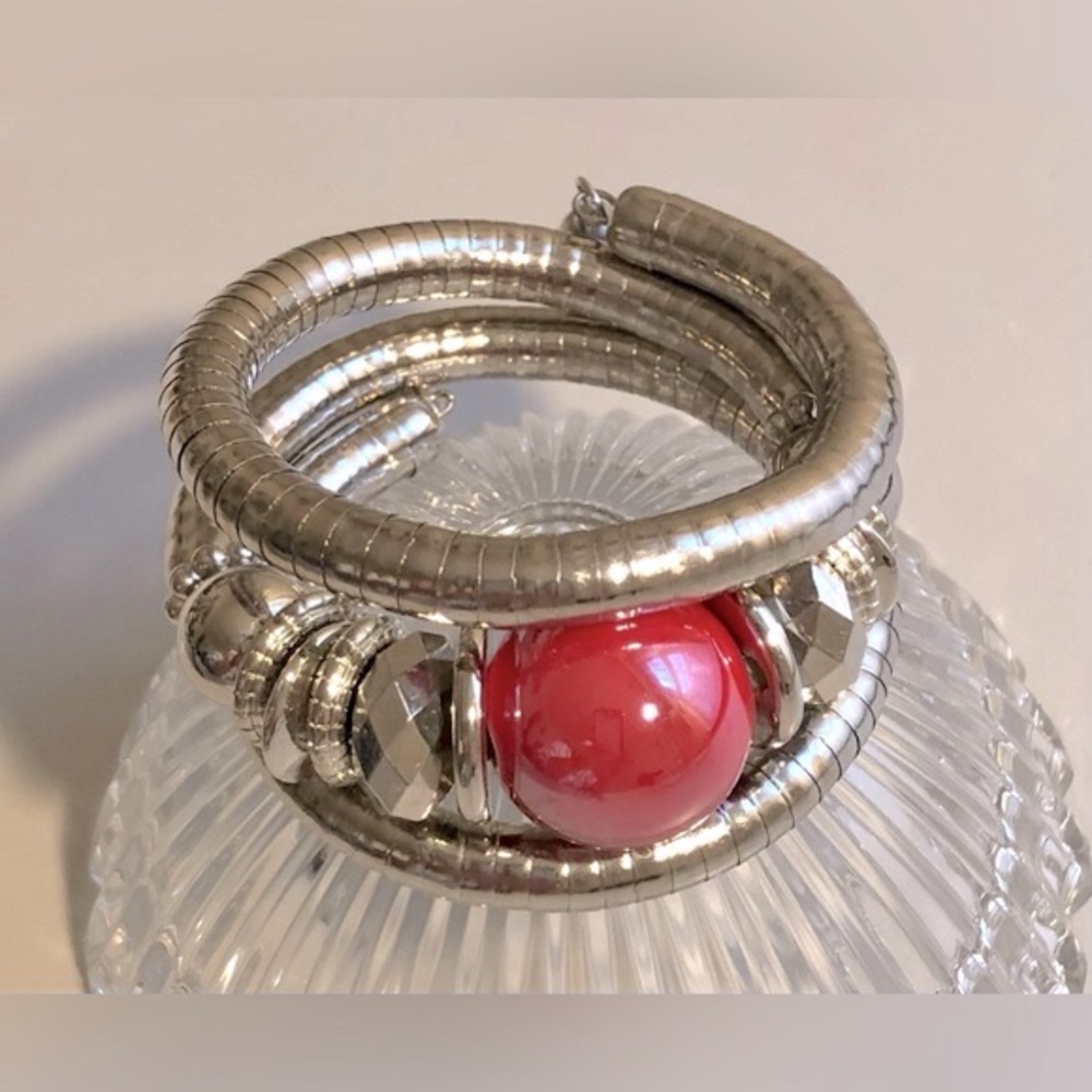 Silver Snake Wrap Bracelet w/Raspberry Pink Stone